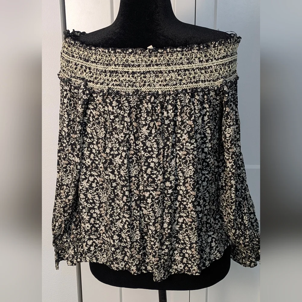 Promera Floral Peasant Off The Shoulder Blouse Long Sleeves Black White Size M - Picture 6 of 8